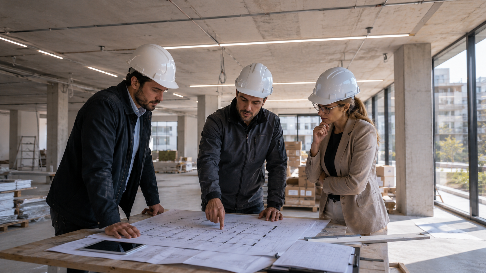 Profesionales coordinando un proyecto en obra